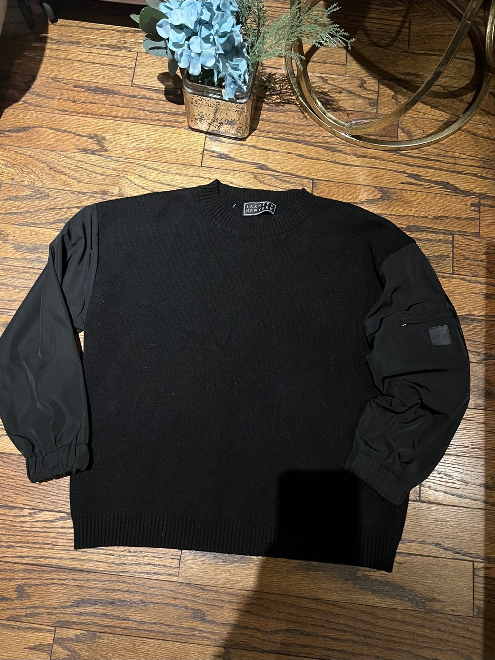 Barneys New York Black Mixed-Material Crewneck Sweater